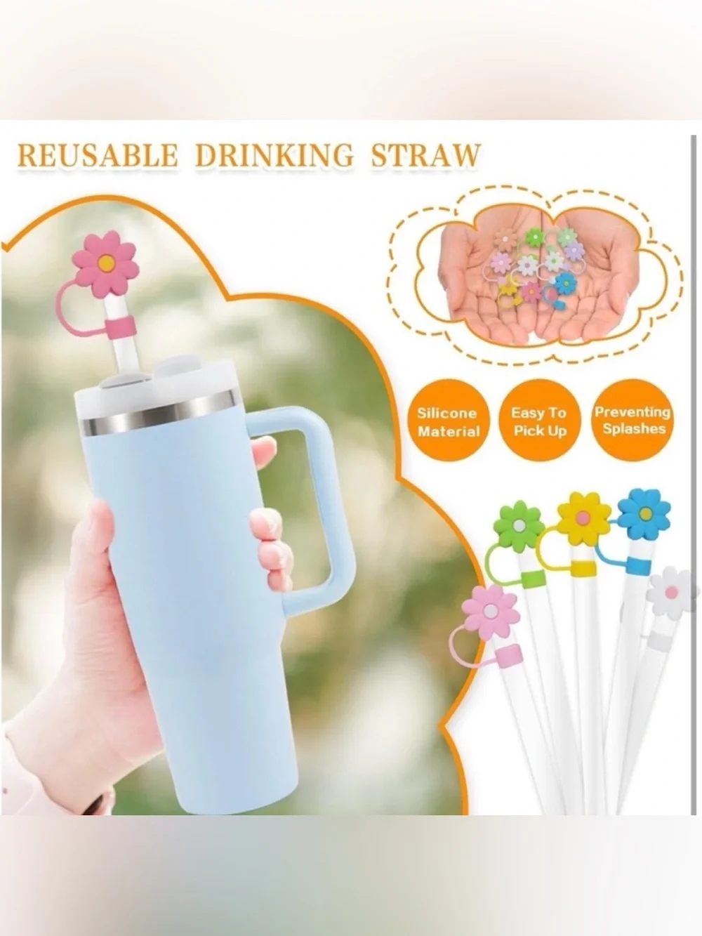 5for$10 Three Diasy Straw Cover Cap for Stanley Cup, Silicone Straw Topper 10m
